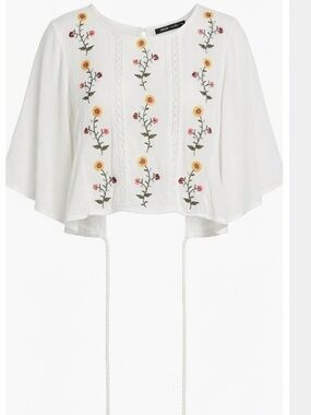 Forever 21 White Cropped Tie-Front Top with Floral Embroidery and Tassel Ties